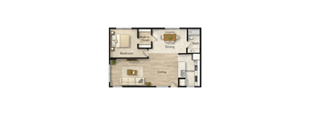 A floor plan of a house with a living room, dining room, kitchen, bedroom, and bathroom.