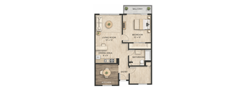 A floor plan of an apartment with a living room, dining area, kitchen, bedroom, bathroom, and balcony.