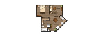 A floor plan of a small apartment with a bedroom, kitchen, dining area, and bathroom.