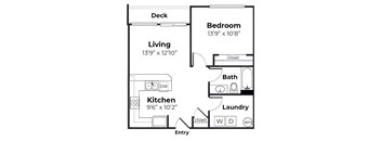 A floor plan of a small apartment with a kitchen, living room, bedroom, and bathroom.