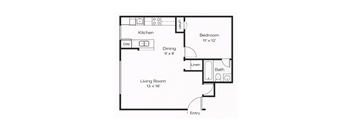 A floor plan of a small apartment with a living room, kitchen, dining area, and bedroom.