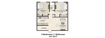 A floor plan of a 2 bedroom apartment with 1 bathroom.