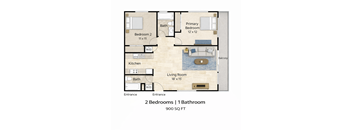 A floor plan of a 900 square feet apartment with two bedrooms, one bathroom, a living room, and a kitchen.