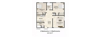A floor plan of a home with two bedrooms and two bathrooms.