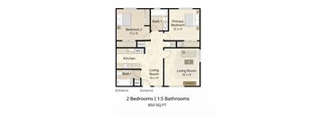 A floor plan of a small apartment with two bedrooms and one and a half bathrooms.