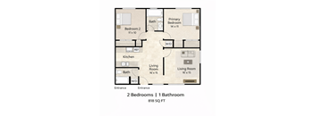 A floor plan of a small apartment with two bedrooms and one bathroom.