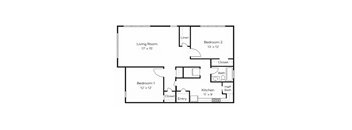 A floor plan of a small apartment with a living room, two bedrooms, a kitchen, and a half bath.