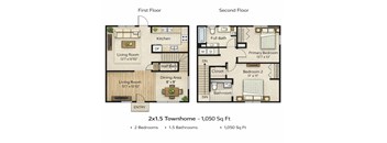 A floor plan of a 2x1.5 townhome with a total of 1,050 square feet, including two bedrooms, one and a half bathrooms, and a living area.