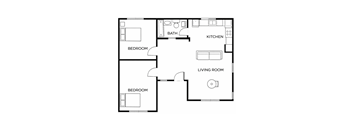 A black and white image of a floor plan for a house with a living room, kitchen, two bedrooms, and a bathroom.