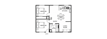 A floor plan of a house with two bedrooms, a living room, a kitchen, a dining area, and a tub/shower.