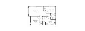 A floor plan of a small apartment with a living room, two bedrooms, a kitchen, and a bathroom.