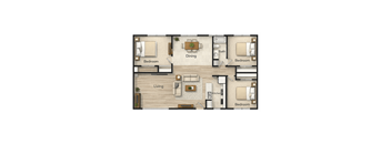 A floor plan of a small apartment with a living room, dining room, kitchen, and two bedrooms.
