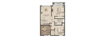 A floor plan of an apartment with a living room, dining area, kitchen, bedrooms, and bathrooms.