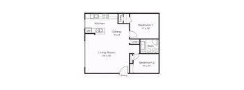 A black and white image of a floor plan for a small apartment.