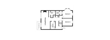 A black and white diagram of a house layout with two bedrooms, a living area, a kitchen, and two bathrooms.