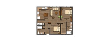 A floor plan of a house with two bedrooms, a living room, a dining room, a kitchen, and two bathrooms.
