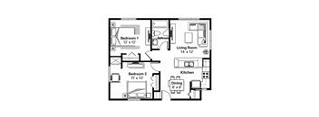 A black and white image of a floor plan for a two bedroom apartment.