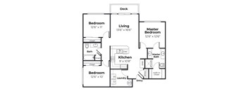 A floor plan of a home with a living room, two bedrooms, a kitchen, a master bedroom, a bath, a laundry room, and a deck.