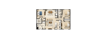 A floor plan of a small apartment with a living room, two bedrooms, a kitchen, a dining area, and a bathroom.