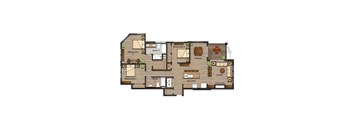 A floor plan of a house with two bedrooms, a living room, a dining room, a kitchen, a fireplace, and a deck.
