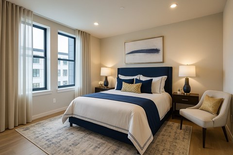 A bedroom with a large bed and a chair.