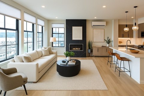 A modern living room with a fireplace and a kitchen area.