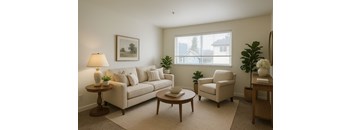 A living room with a couch, chair, and table.