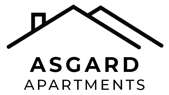 A black and white image of a house with the words "Asgard Apartments" written below it.