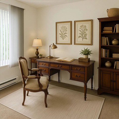 A room with a desk, chair, and two framed pictures on the wall.