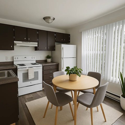 A kitchen with a white stove top oven and a white refrigerator.