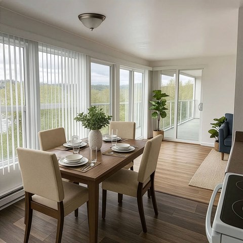 A dining room with a table set for four and a view of the outdoors through the windows.