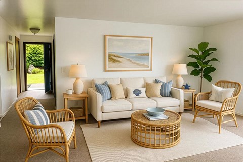 A living room with a white couch, two chairs, and a table with a blue bowl on it.