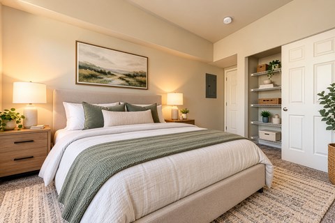 A bedroom with a large bed and a painting on the wall.