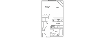 A floor plan of a small apartment with a bedroom alcove, living room, kitchen, and bathroom.