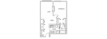 A floor plan of a small apartment with a living room, dining room, kitchen, and two bedrooms.