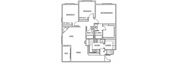 A floor plan of a house with labeled rooms such as Bedroom #3, Master Bedroom, Living, Dining, Kitchen, Bath, and Laundry.