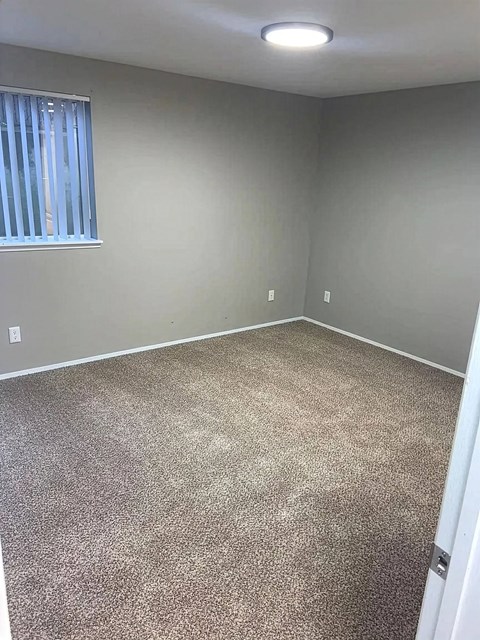 A room with a carpeted floor and a window with blinds.