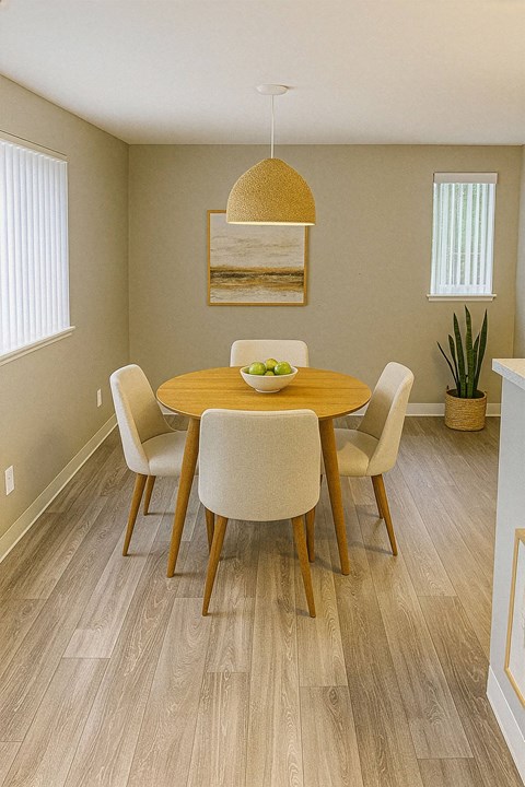 A dining room with a wooden table and chairs.