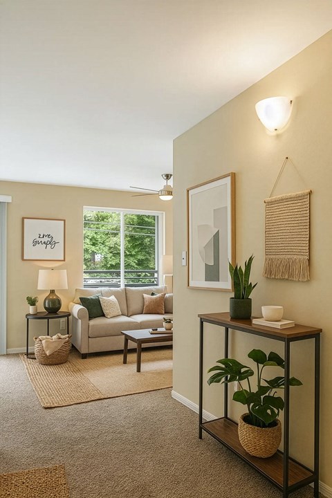 A living room with a grey couch, a table with a plant on it, and a framed picture on the wall.