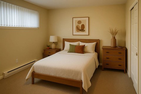 A bedroom with a bed, nightstands, and a painting on the wall.
