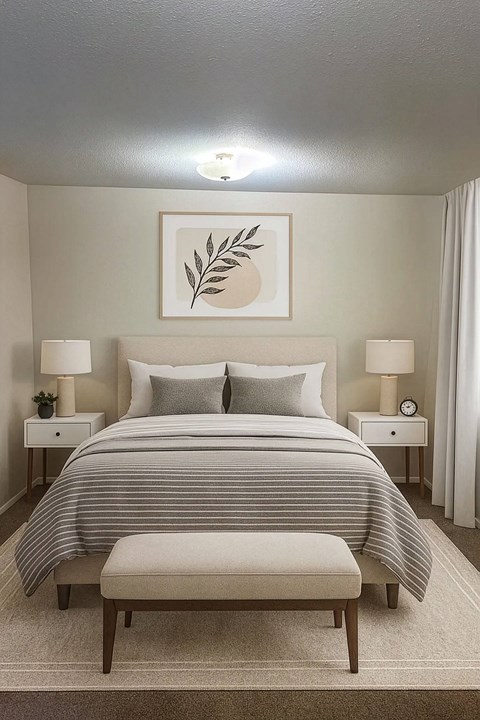 A bedroom with a large bed and a bench in front of it.
