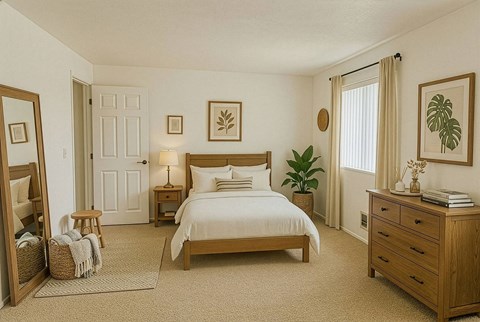 A bedroom with a large bed, a nightstand, and a dresser.