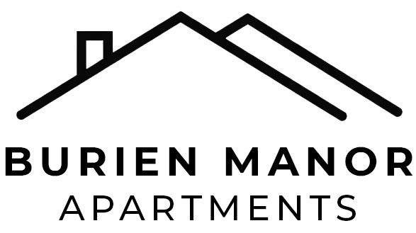 A black and white image of a house with the words Burien Manor Apartments written underneath it.