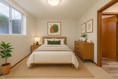A bedroom with a bed, nightstand, and plant.