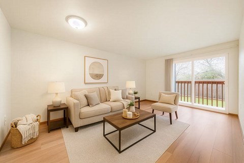 A living room with a couch, chair, and coffee table.