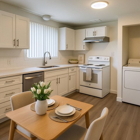 A modern kitchen with a wooden table set for two.