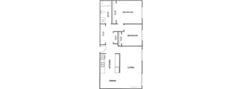 A floor plan of a small apartment with a kitchen, living room, and two bedrooms.