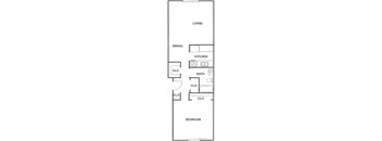 A floor plan of a small apartment with a living room, dining room, kitchen, bathroom, and bedroom.