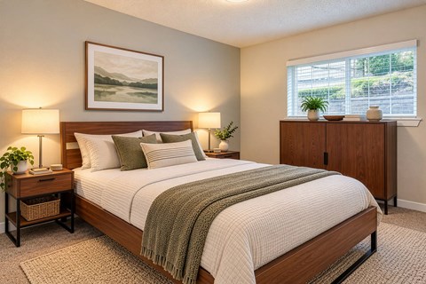 A bedroom with a large bed and a painting on the wall.