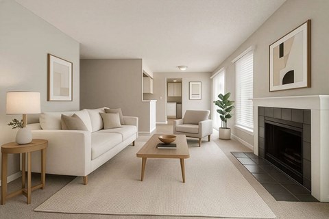 A living room with a white couch, a coffee table, and a fireplace.